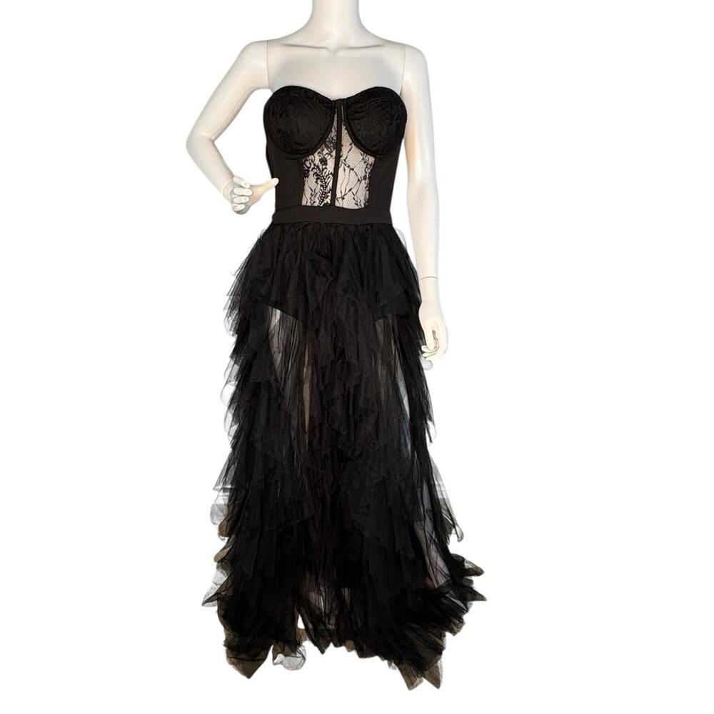 Maxi Dress Size L Strapless Corset Tiered Tulle Whimsigoth Coquette Black